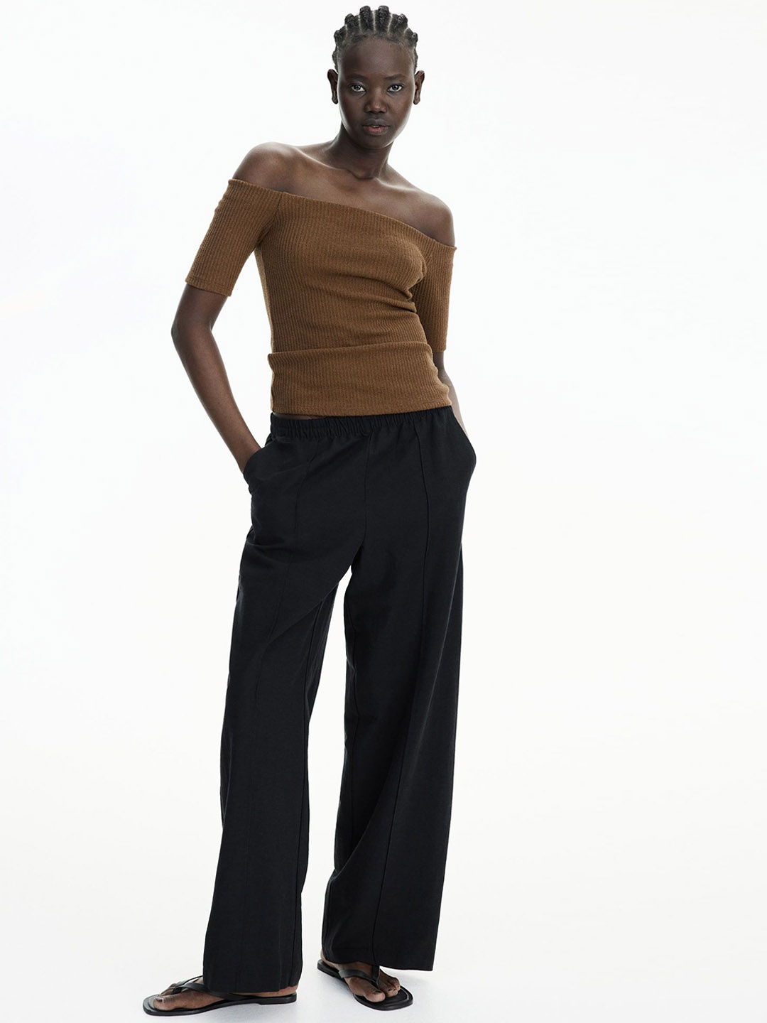 

H&M Linen-Blend Trousers, Black