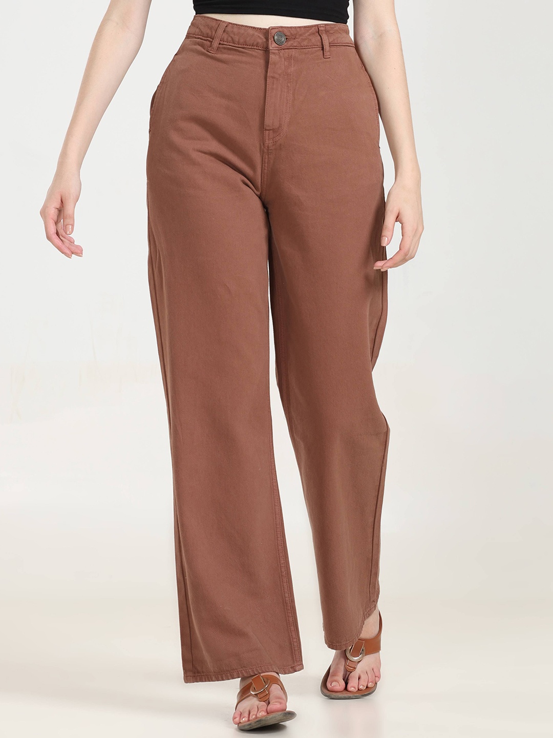 

URBAN POCHE Women Wide Leg High-Rise Jeans, Brown