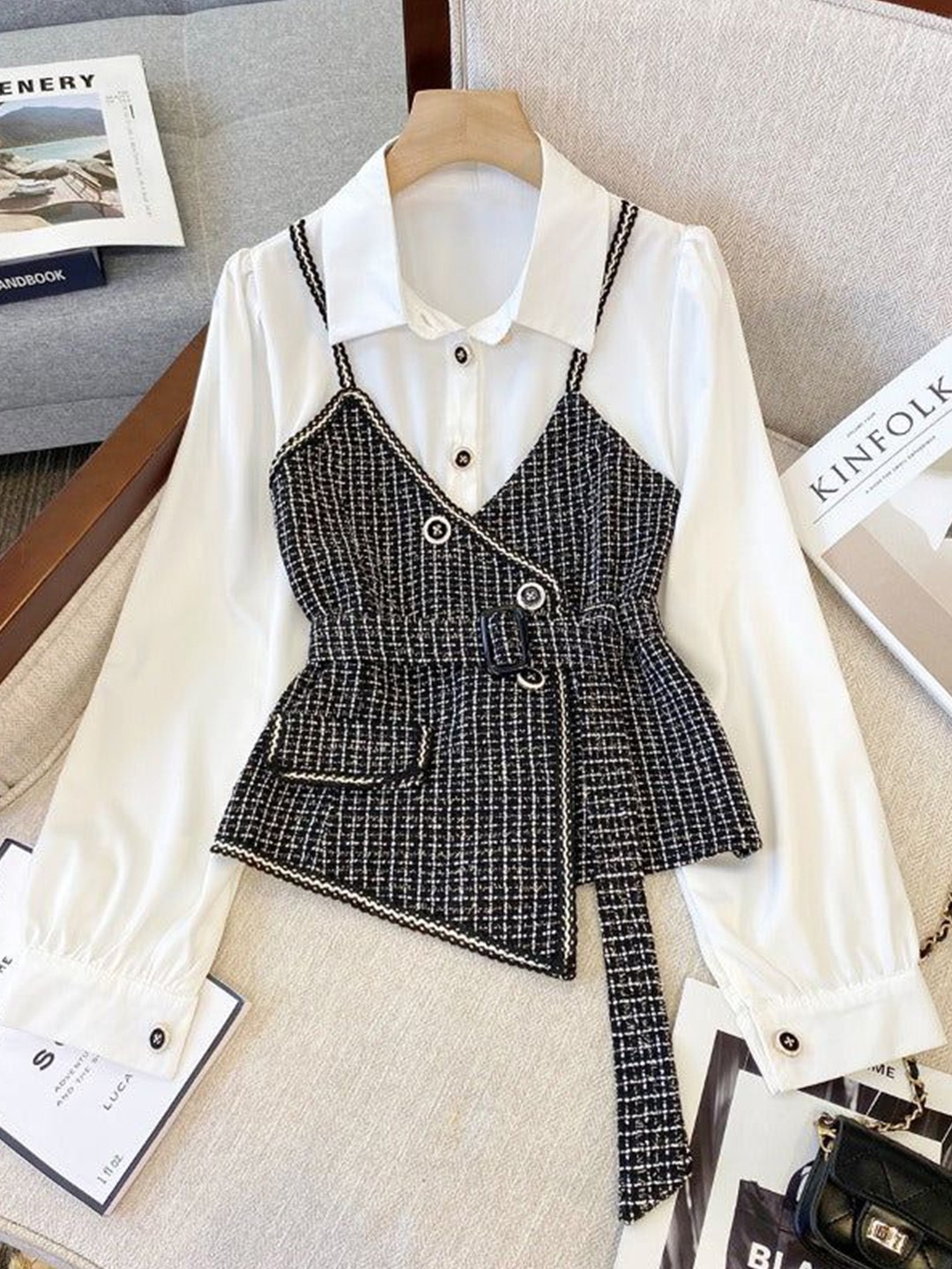 

PANKH Checked Wool Shirt Collar Top, Black