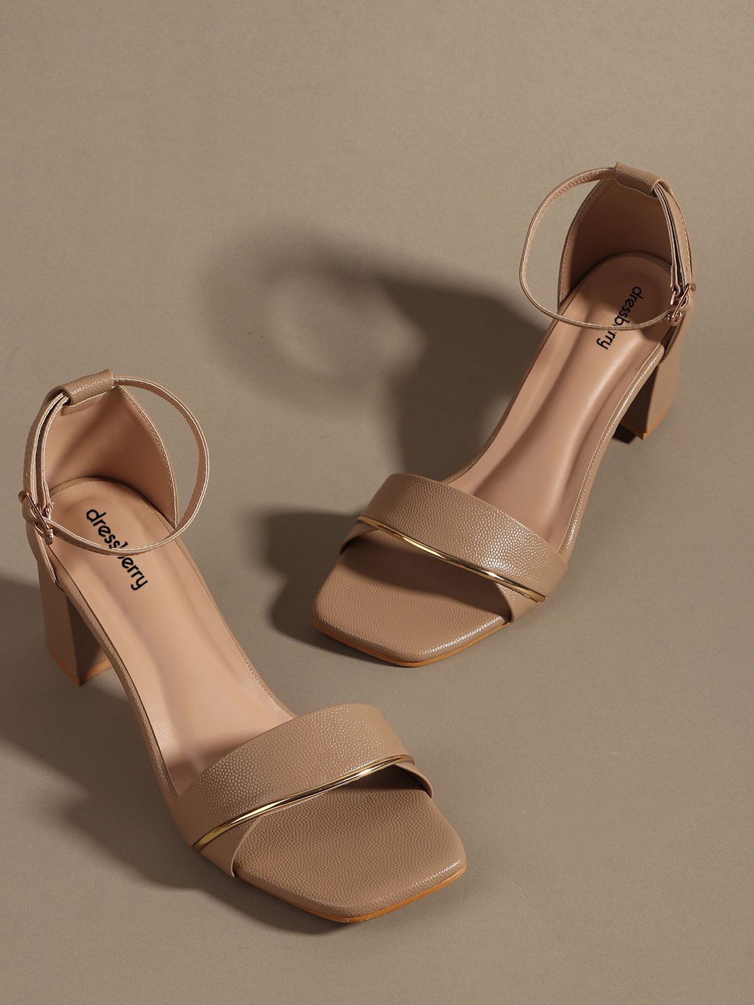 

DressBerry Party Block Sandals with Buckles, Beige