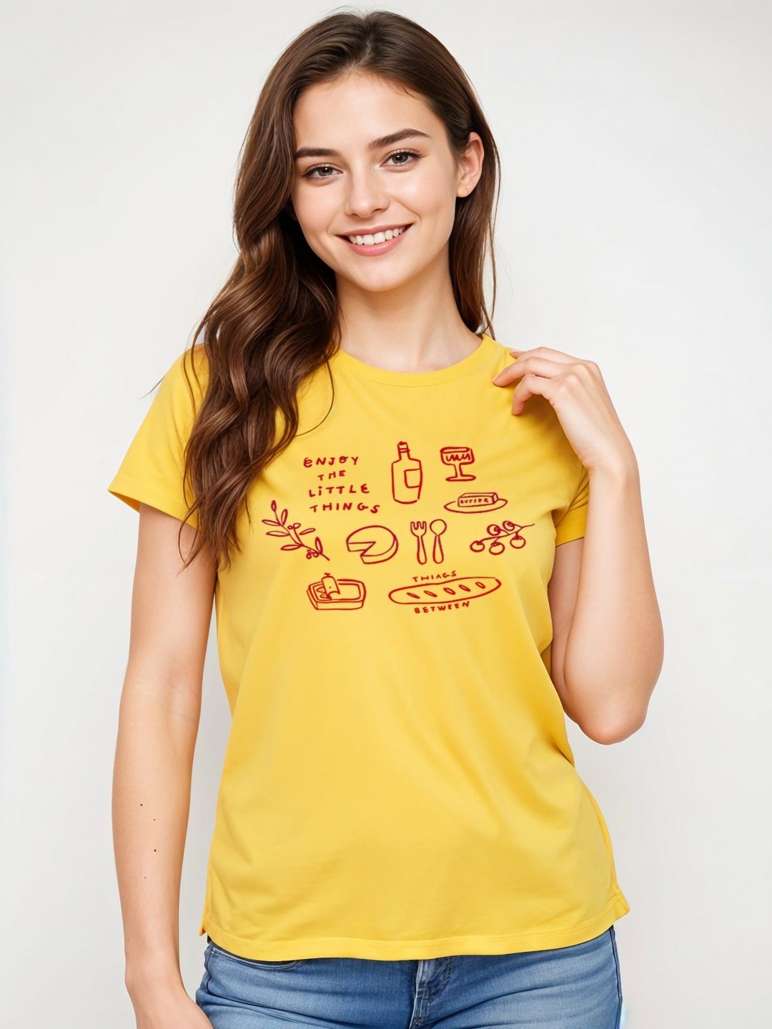 

DressBerry Women Typography Printed Extended Sleeves Applique T-shirt, Yellow
