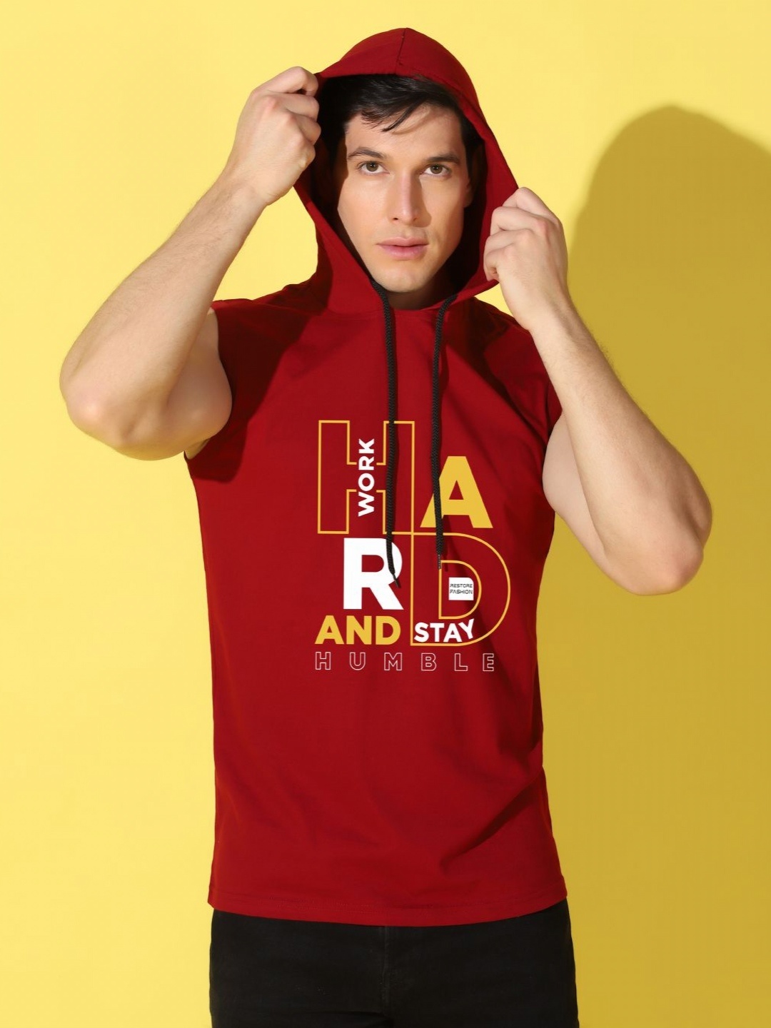 

WOOSTRO Men Typography Printed Hooded Slim Fit T-shirt, Maroon