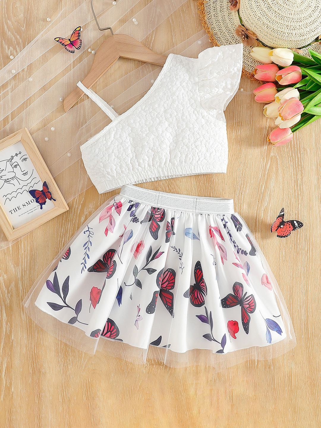 

YK Girls Printed Top With Skirt Clothing Set, White