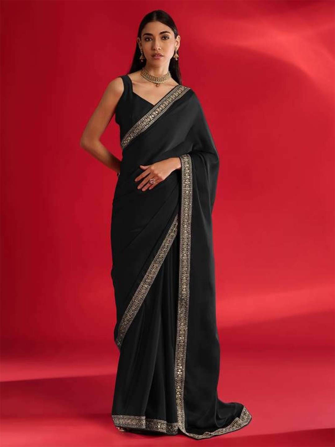 

ROOP SUNDARI SAREES Embellished Sequinned Pure Chiffon Saree, Black