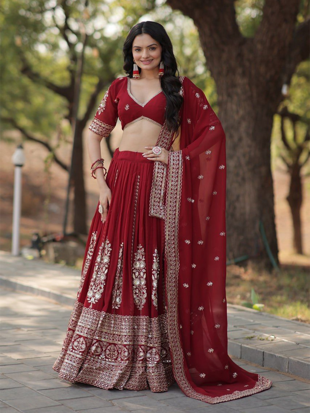 

ZIBLON Ready to Wear Lehenga & Unstitched Blouse With Dupatta, Maroon