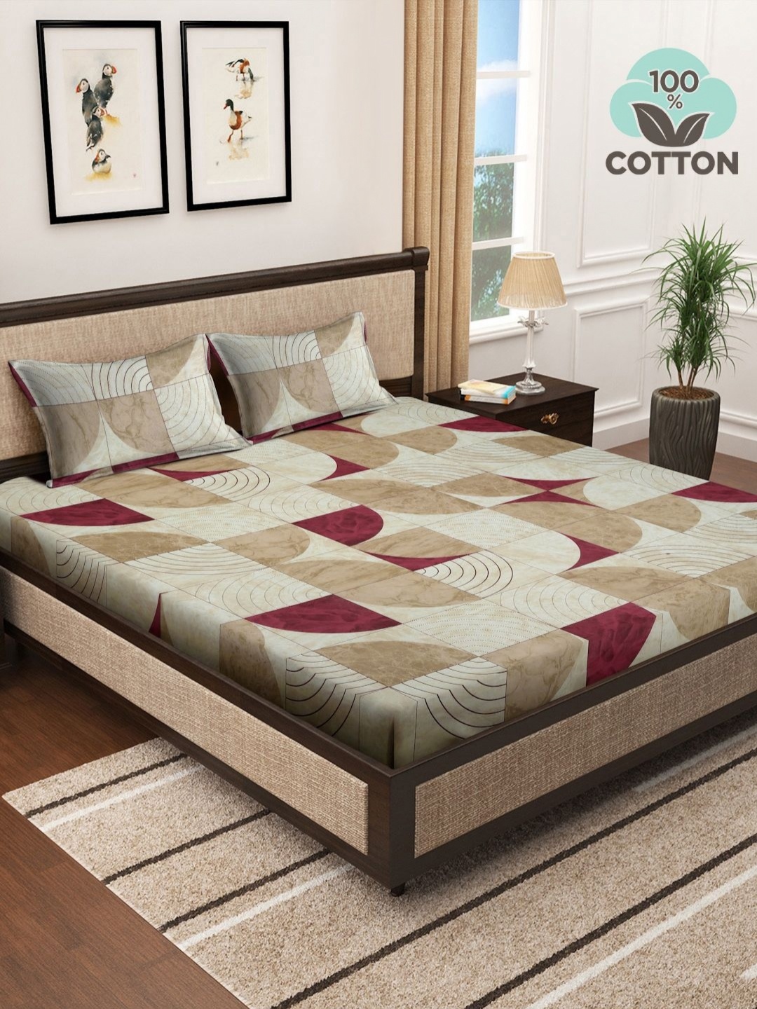 

Myntra Elegant Homes Cream-Coloured & Maroon Geometric 400 TC King Bedsheet with 2 Pillow Covers