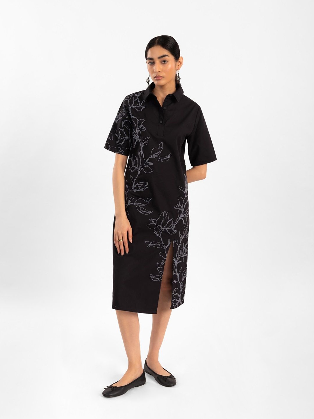

Contemponari Embroidered Shirt Midi Dress, Black