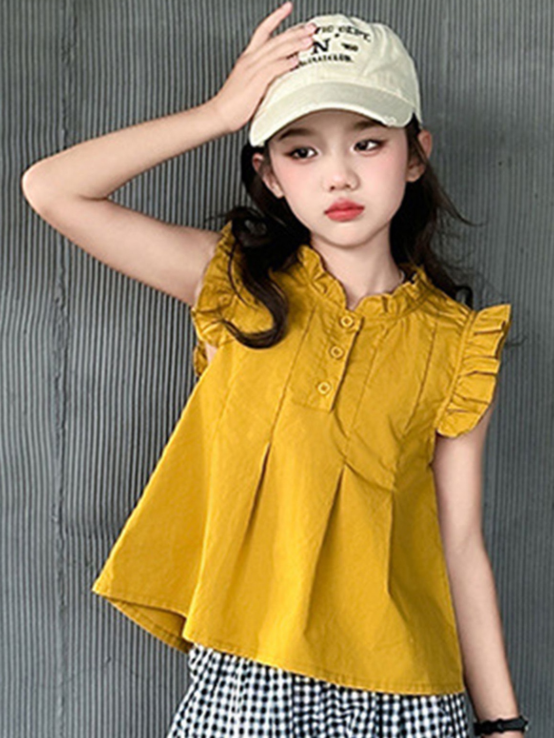 

LULU & SKY Mandarin Collar Cotton Top, Yellow