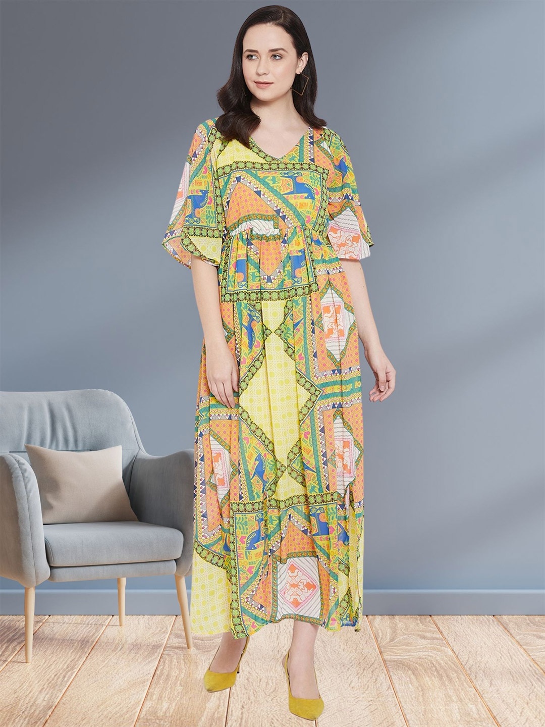 

DressBerry Print Georgette A-Line Maxi Dress, Yellow