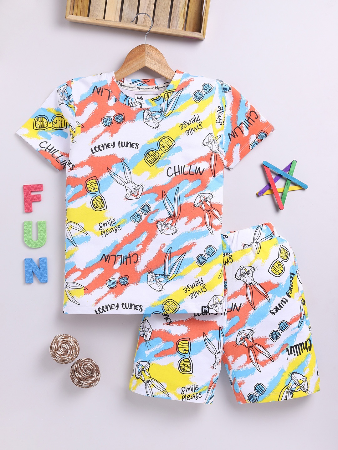

YK X Minute Mirth Boys Printed Pure Cotton T-shirt with Shorts, White