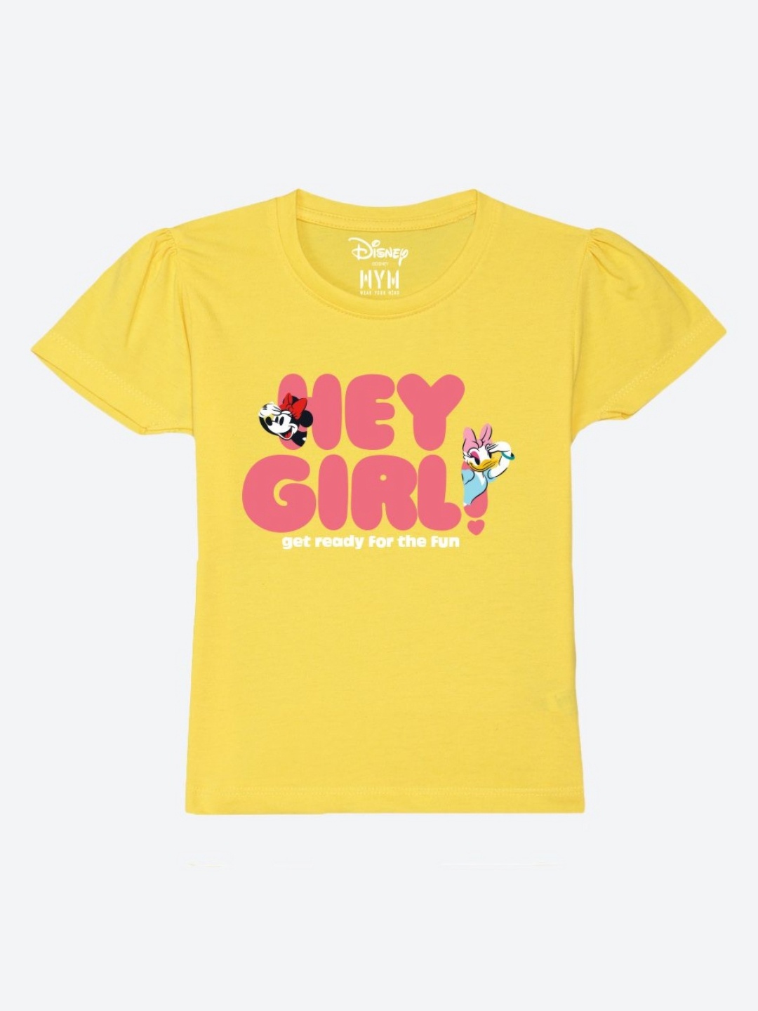 

Wear Your Mind Girls Minnie Mouse Printed Puff Sleeves Pure Cotton Applique T-shirt, Yellow
