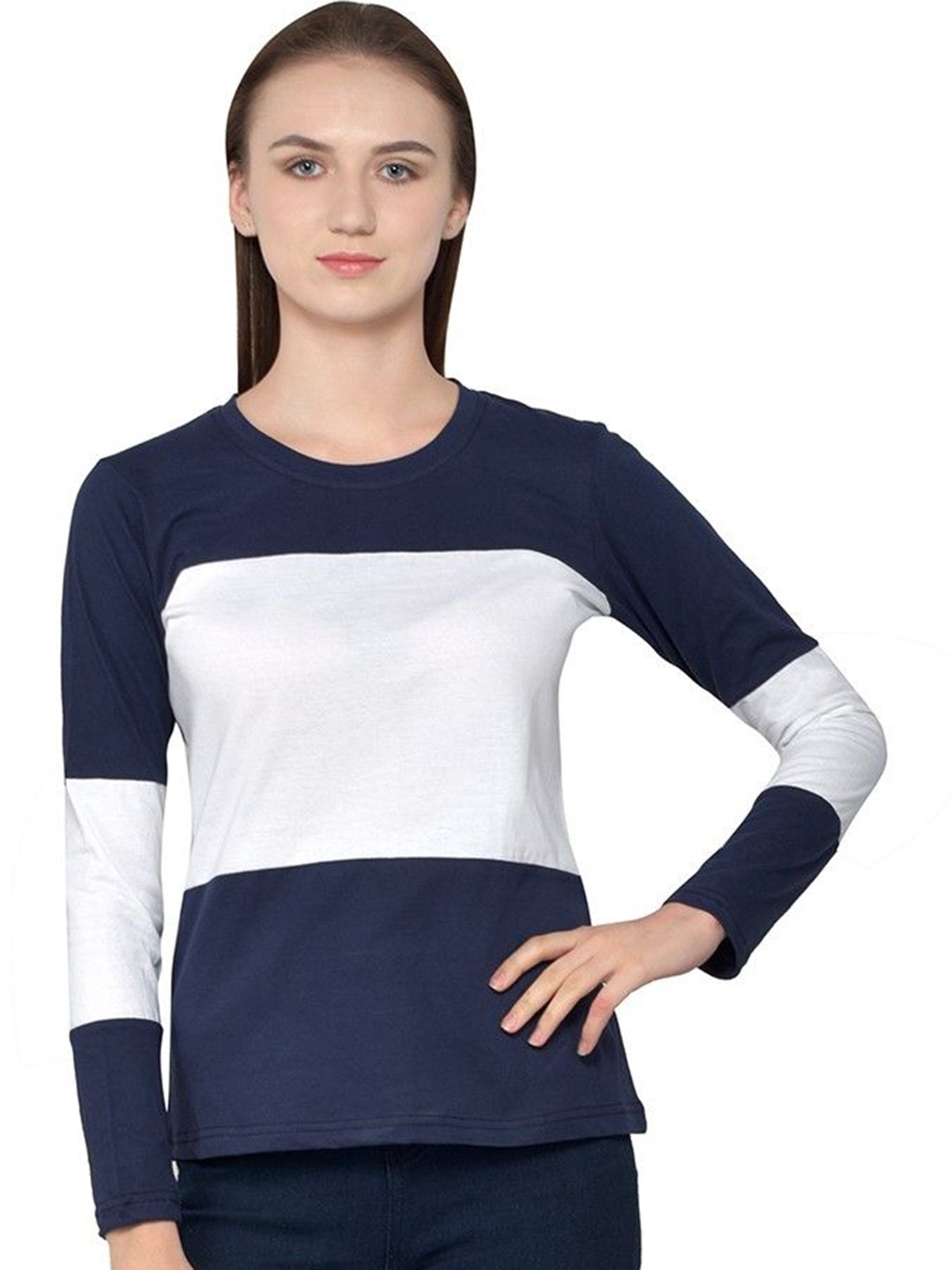 

BEYOU FASHION Women Colourblocked Applique Slim Fit T-shirt, Navy blue