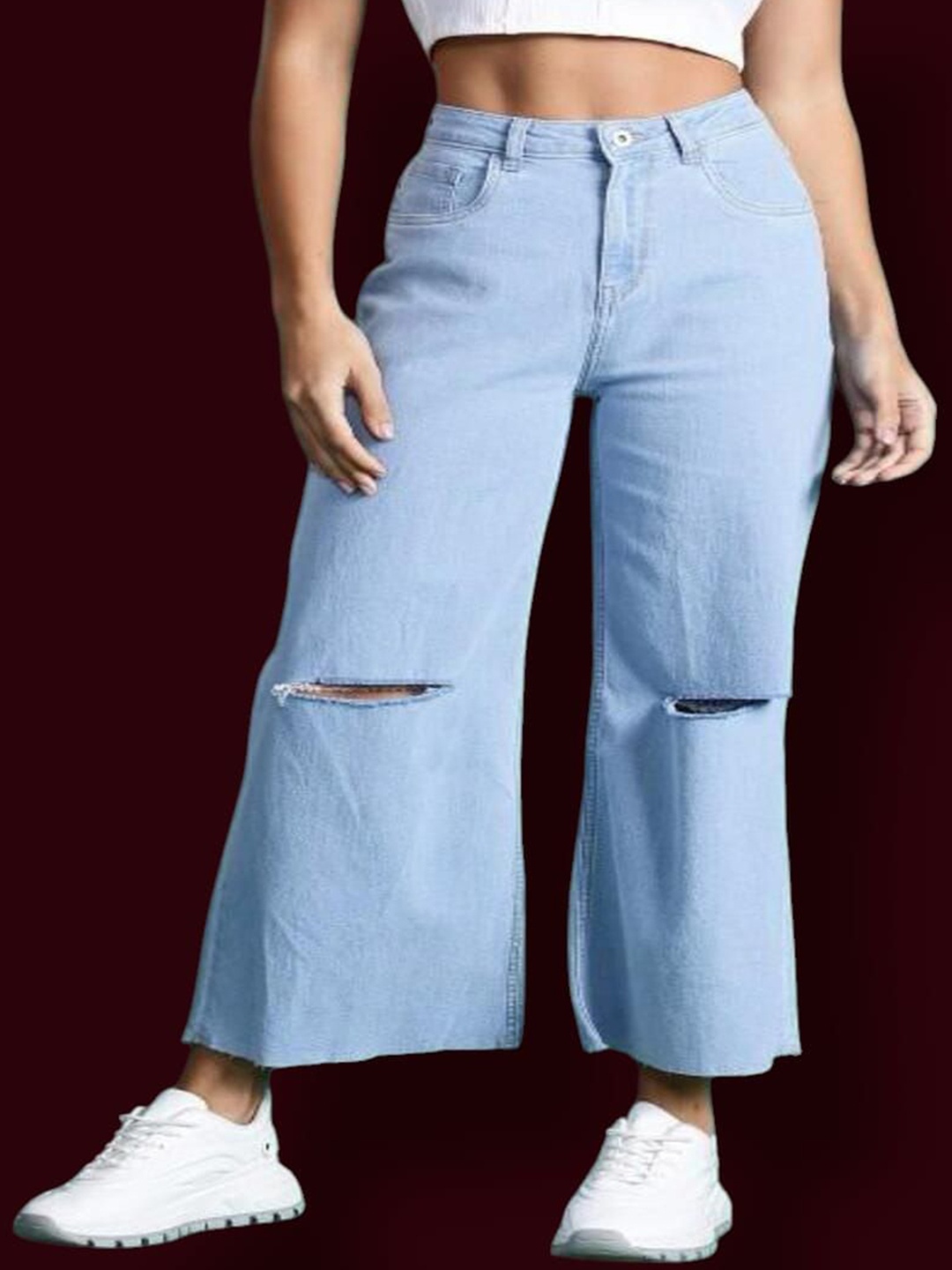 

Perfect Outlet Women Straight Fit High-Rise Slash Knee Jeans, Blue