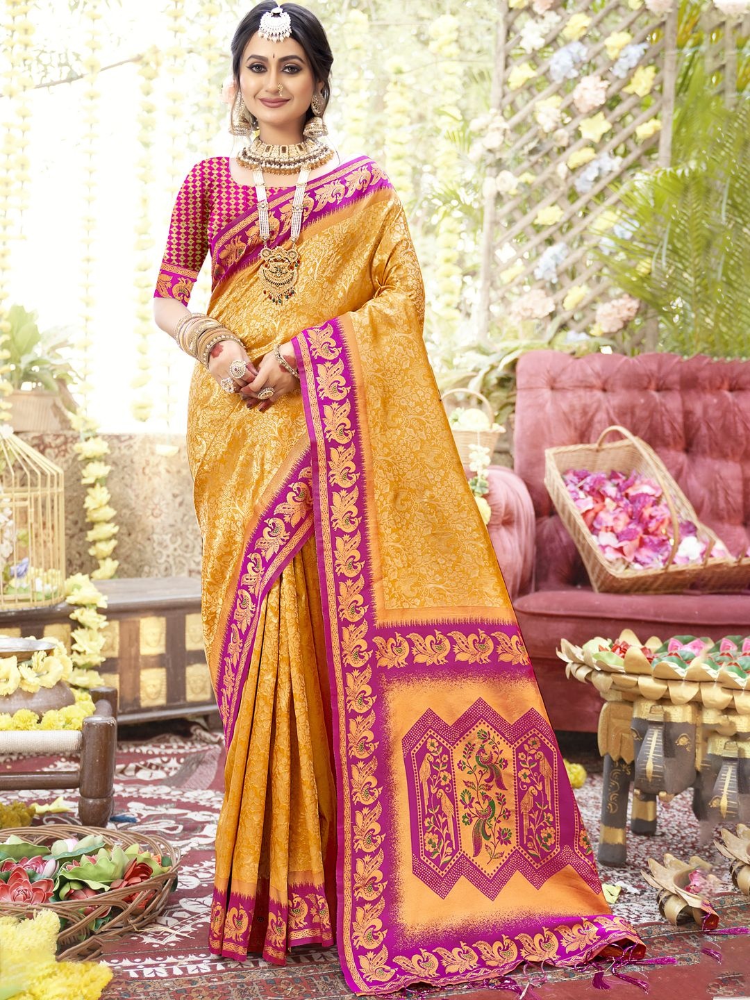 

SANGAM PRINTS Woven Design Zari Silk Blend Tussar Saree, Mustard