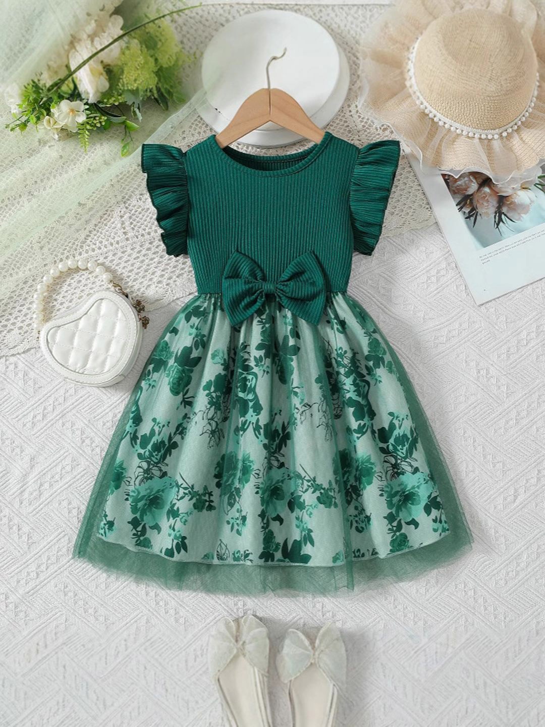 

YK Floral Fit & Flare Dress, Green