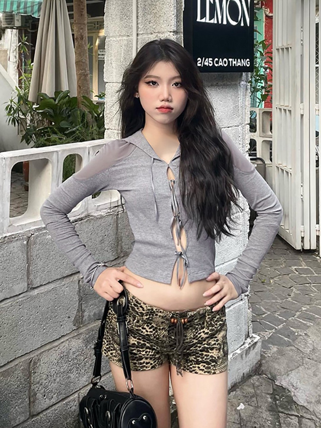

StyleCast x Revolte Tie Up Hooded Crop Top, Grey