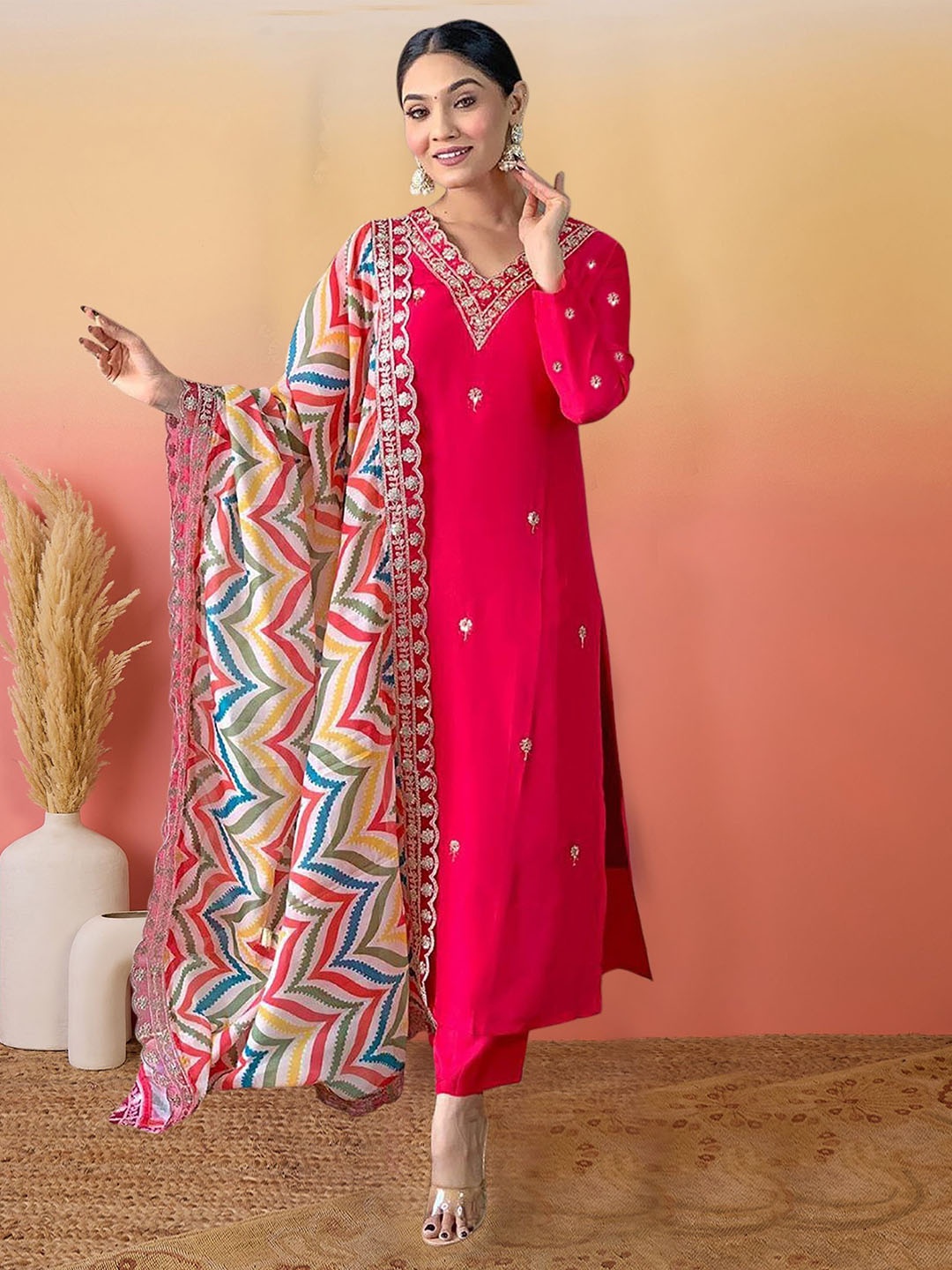 

Sangria Embroidered Kurta Trouser With Dupatta, Pink