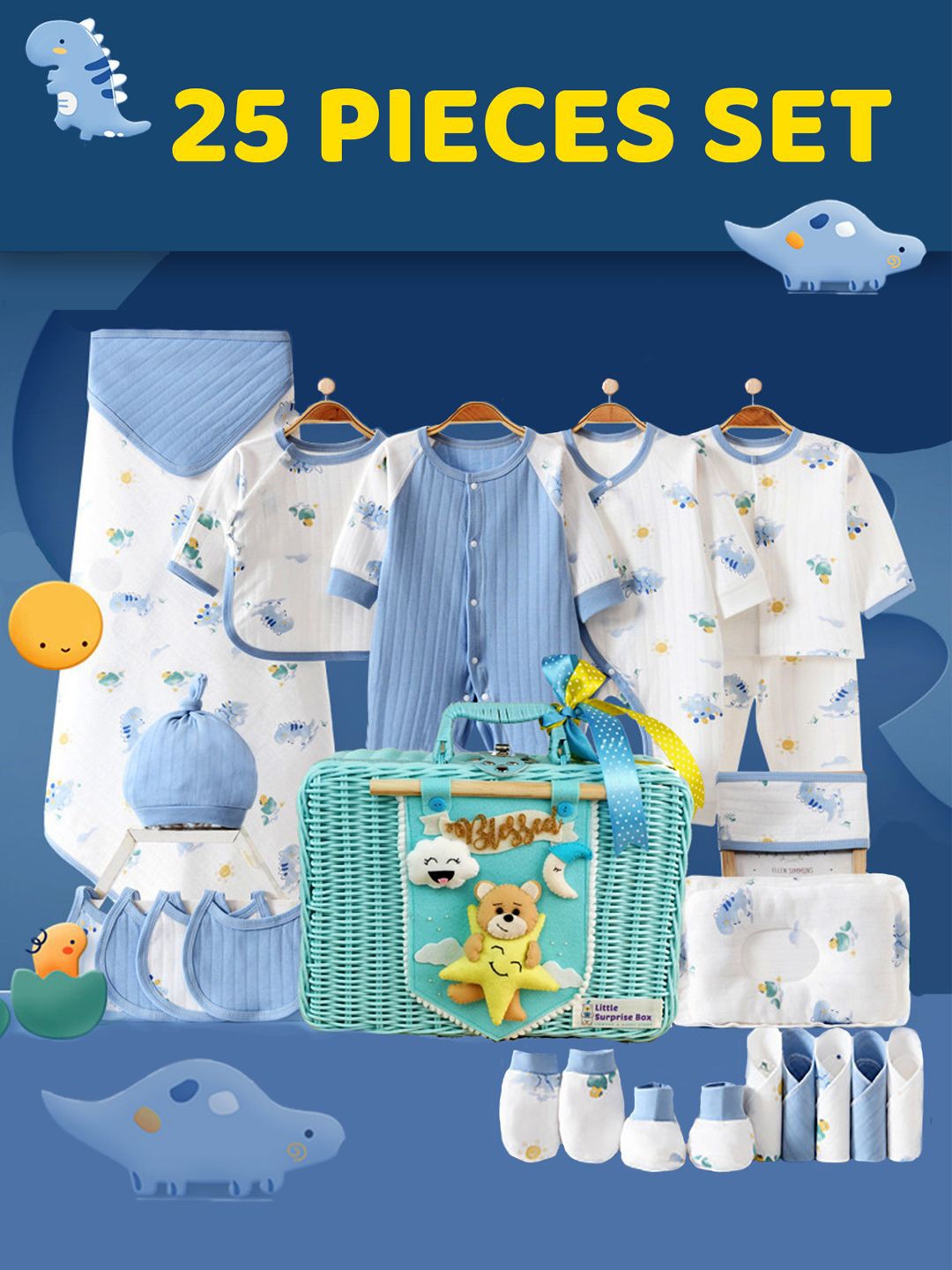 

Little Surprise Box LLP Infants 25-Pcs Blue Dino Newborn Baby Girl/Baby Boy Gift Hamper