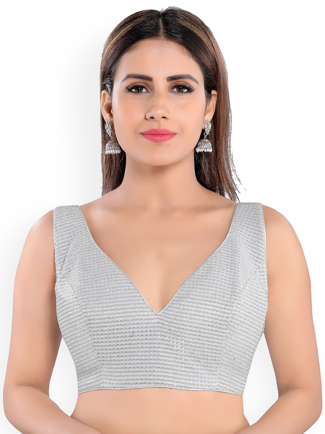 

VAMAS - THE DESIGNER BLOUSES Women V-Neck Padded Saree Blouse, Silver