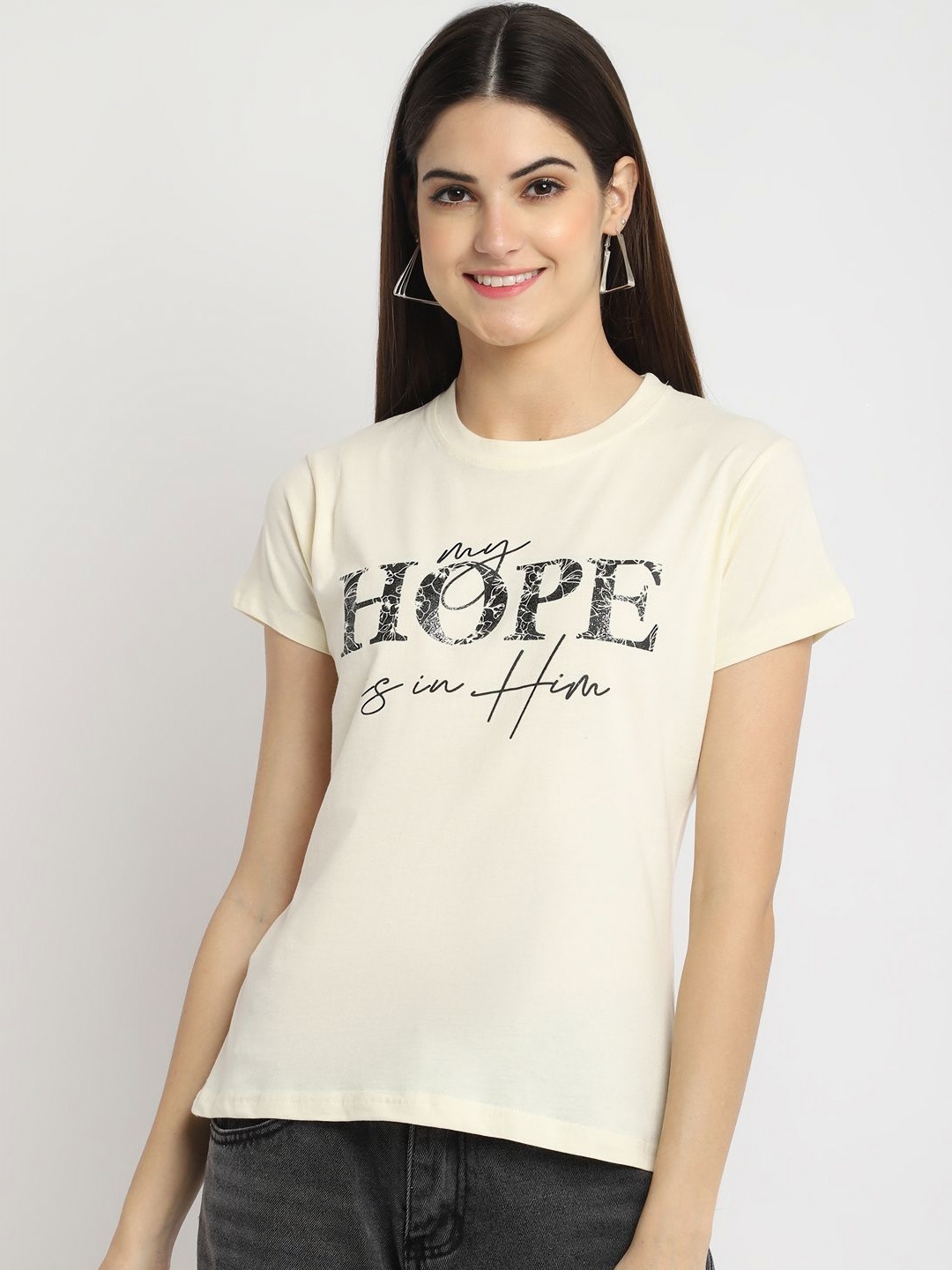 

Dreambe Women Typography Printed T-shirt, Cream