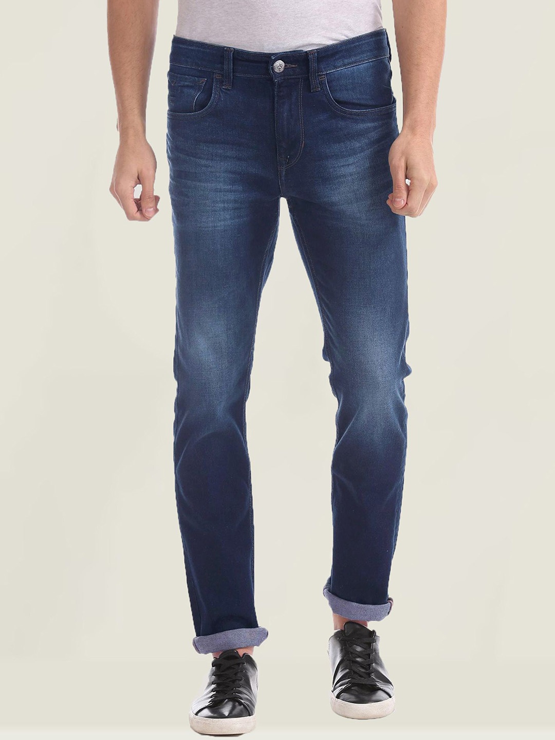 

fineblu Men Slim Fit Low Distress Heavy Fade Stretchable Jeans, Blue