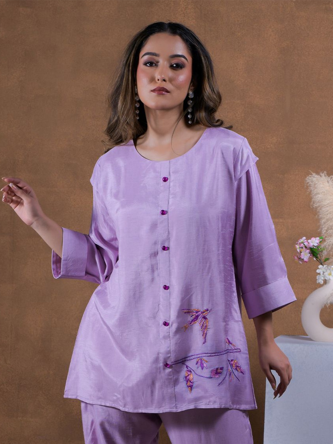 

Phulkari Forever Embellished Embroidered Pure Silk Top, Purple
