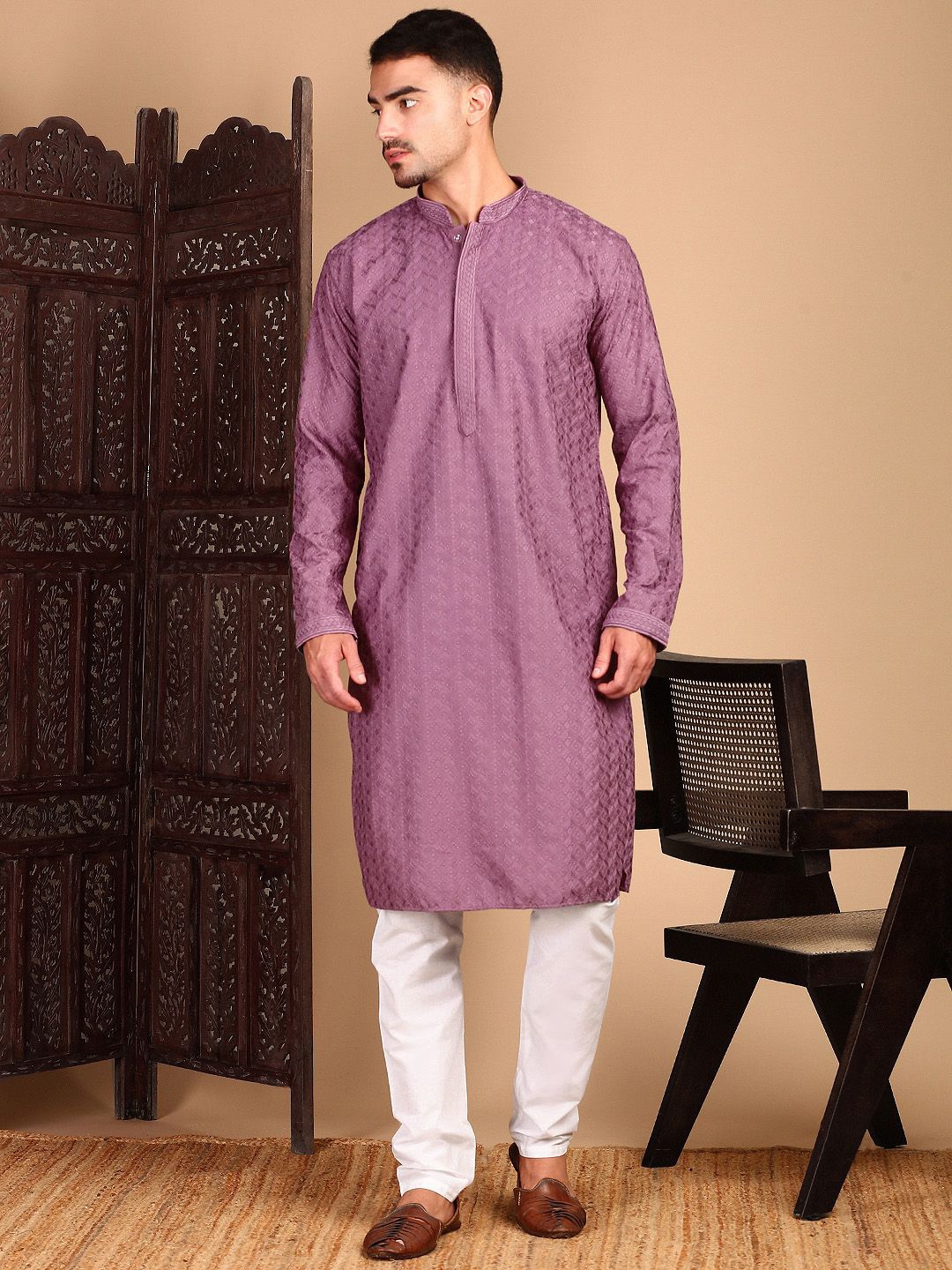 

House of Pataudi Unleash Your Style With Chikankari Straight Kurta, Mauve