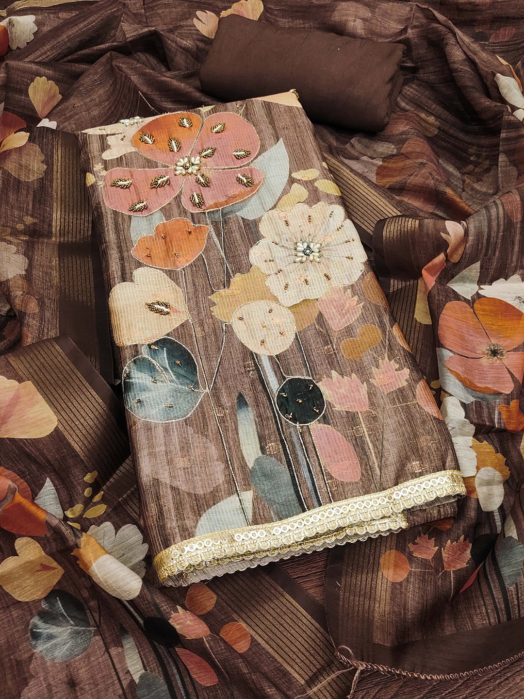 

SHADOW & SAINING Embellished Semi-Stitched Dress Material, Brown