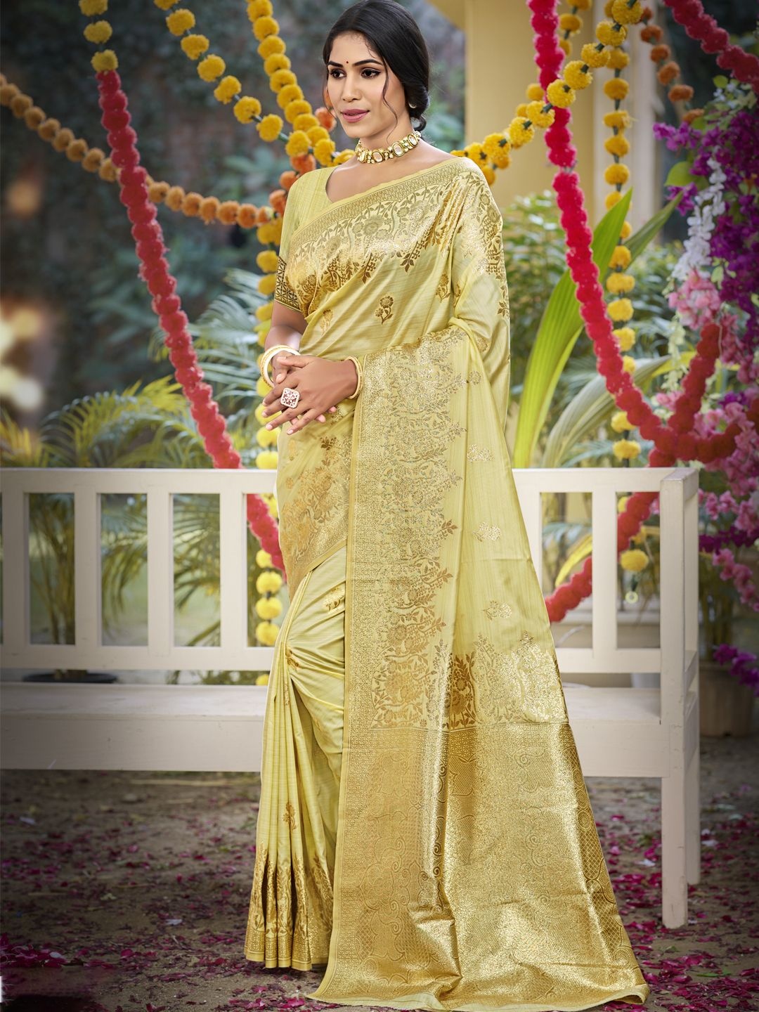 

SANGAM PRINTS Woven Design Zari Silk Blend Designer Tussar Saree, Yellow