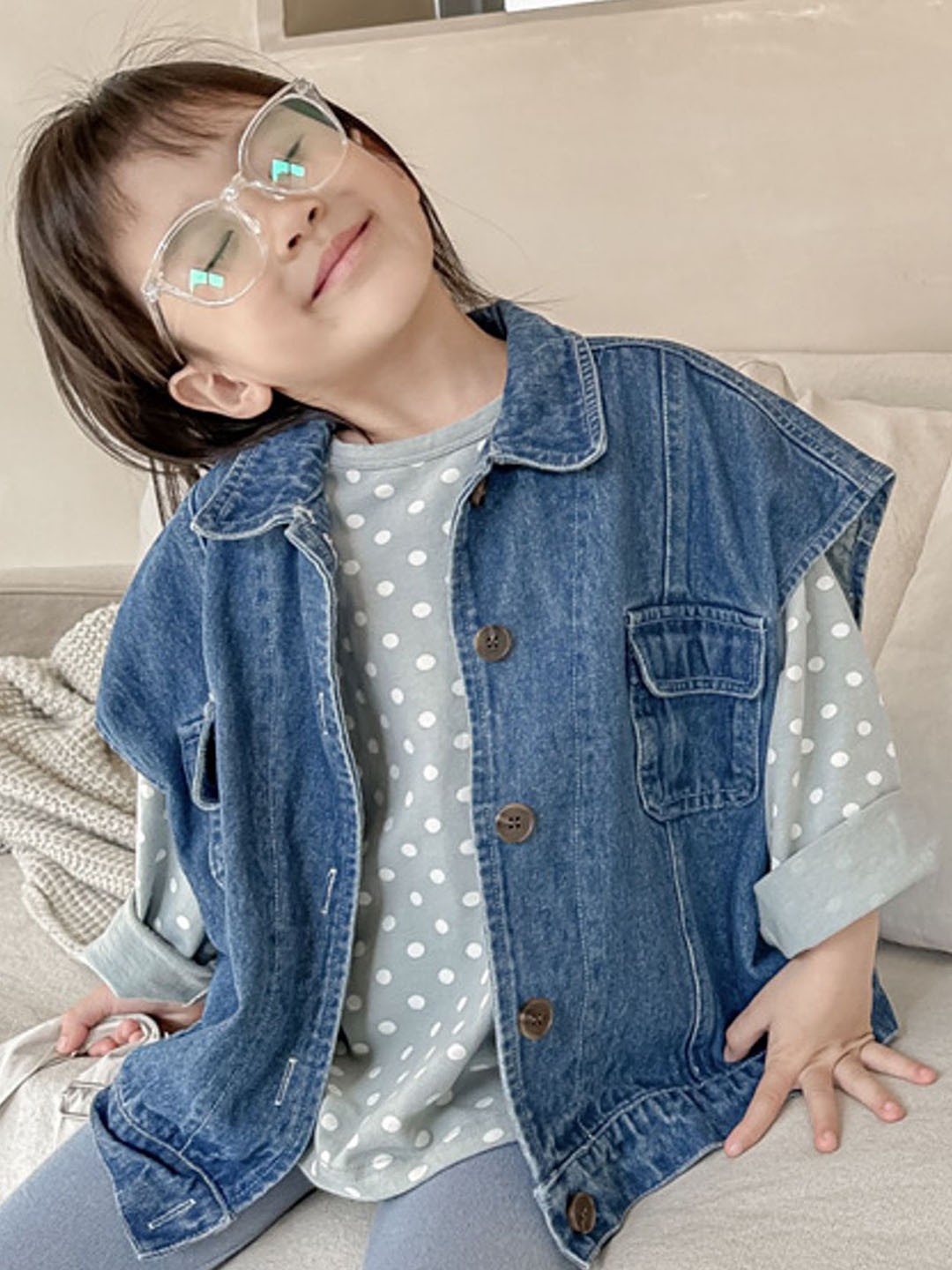 

LULU & SKY Girls Washed Colourblocked Cotton Crop Denim Jacket with Patchwork, Blue