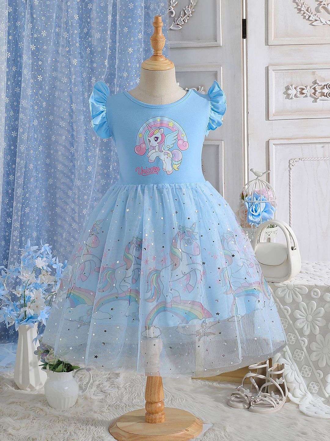 

YK Floral Print Flutter Sleeve Fit & Flare Midi Dress, Blue