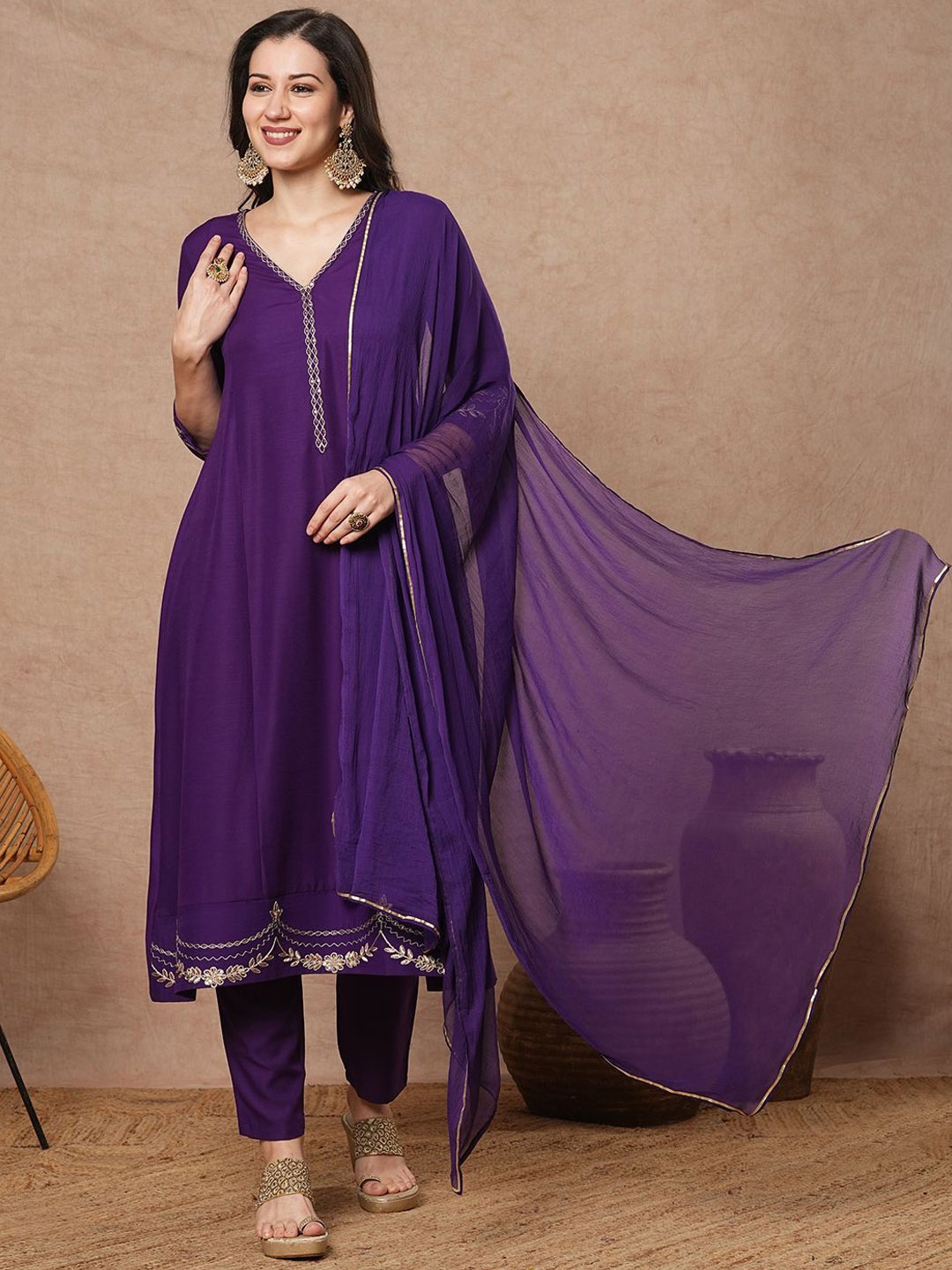 

KALINI Women Yoke Design Regular Thread Work Kurta with Trousers & With Dupatta, Purple