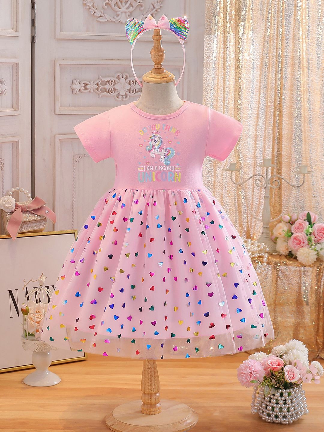 

YK Polka Dot Print Fit & Flare Dress, Pink
