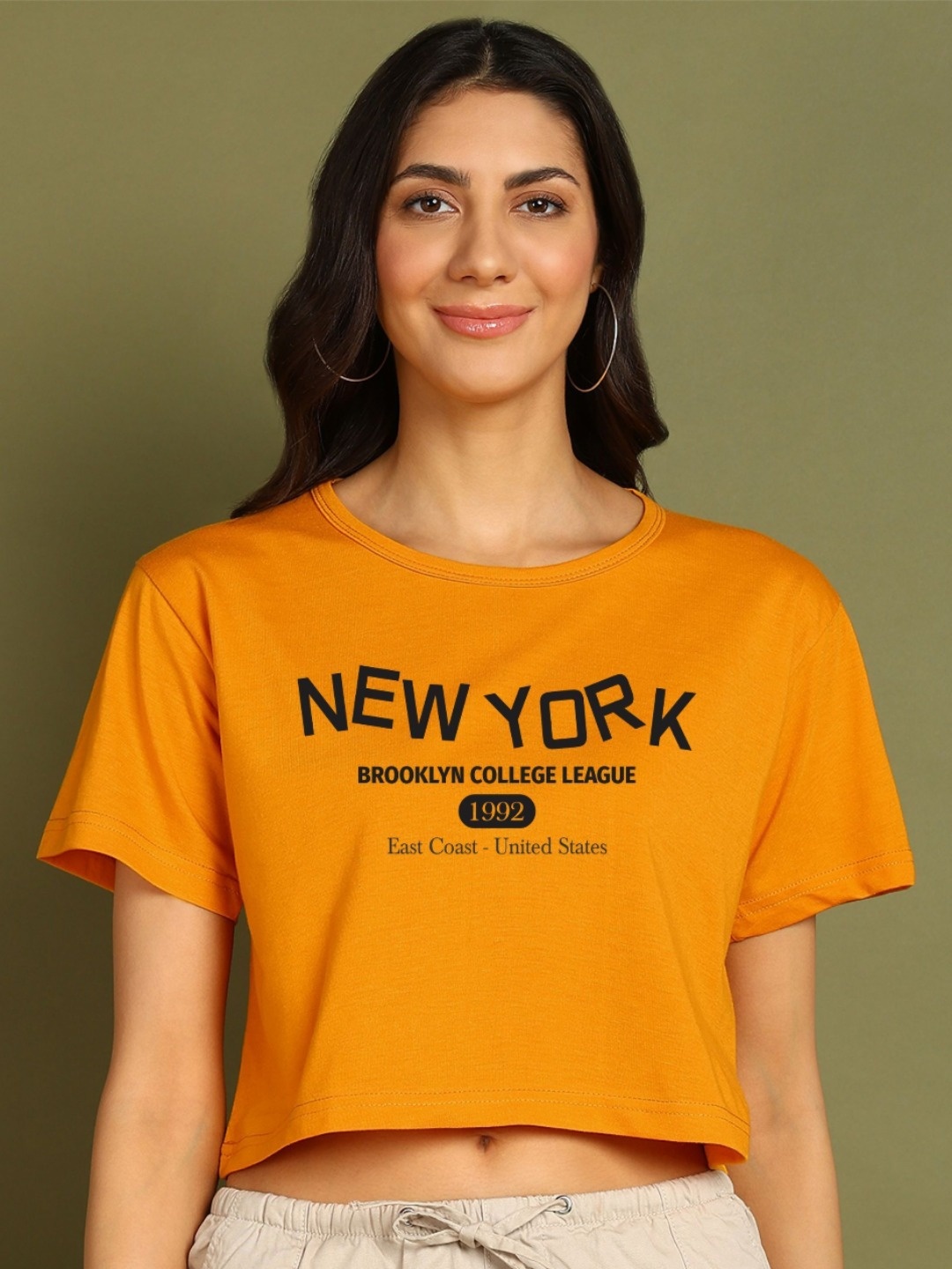 

Moda Rapido Women Printed Drop-Shoulder Sleeves Bio Finish Applique T-shirt, Mustard