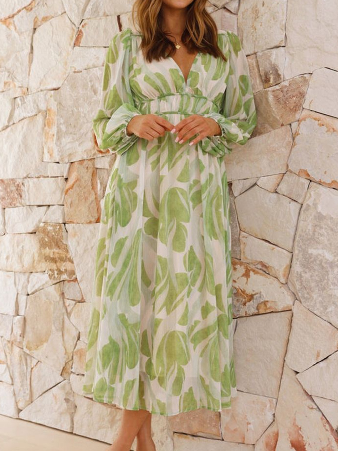 

LULU & SKY Tropical Print Bell Sleeve A-Line Midi Dress, Green
