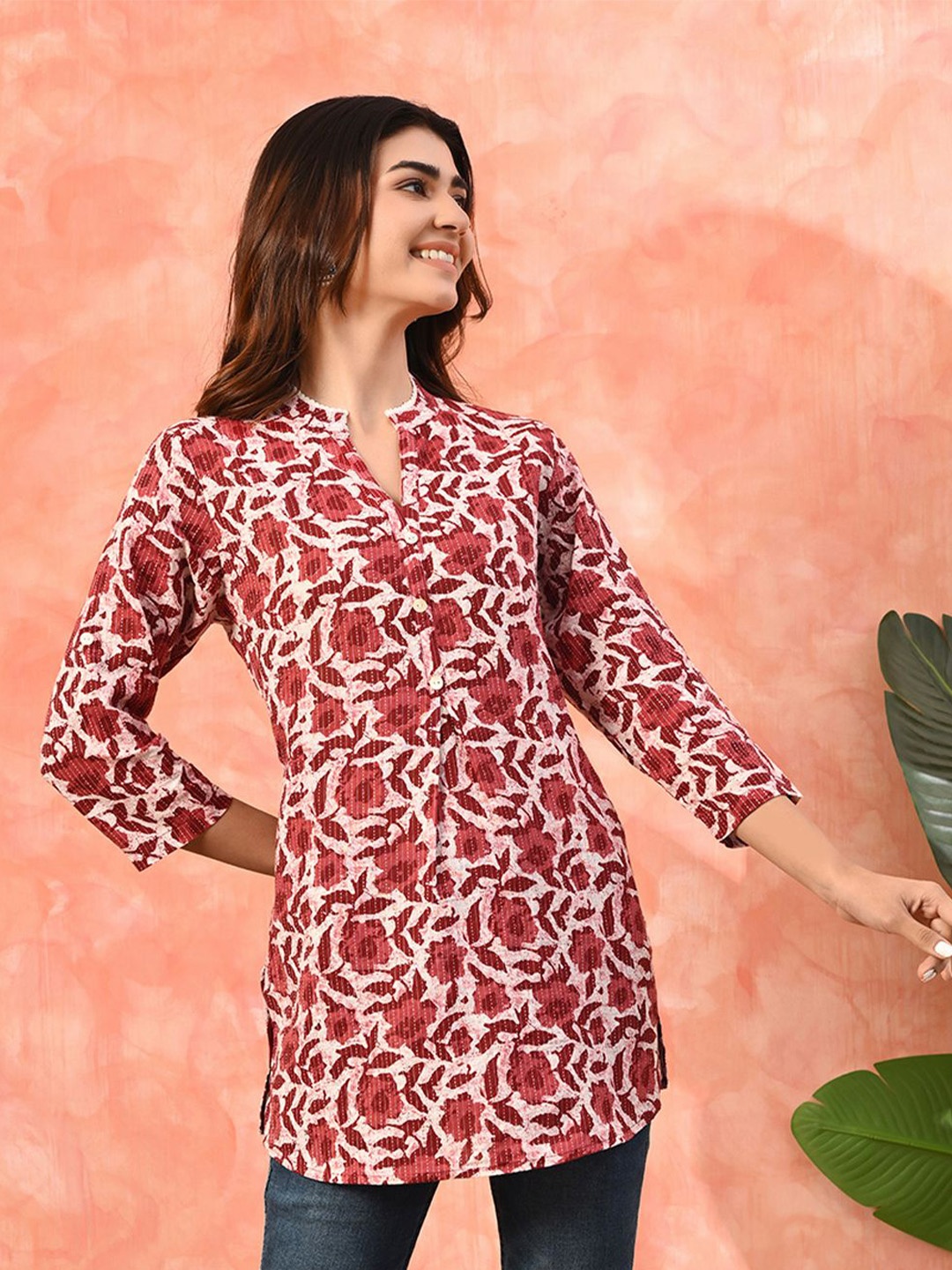 

Sangria Floral Printed Pure Cotton Three Quarter Sleeve Tunic, Red