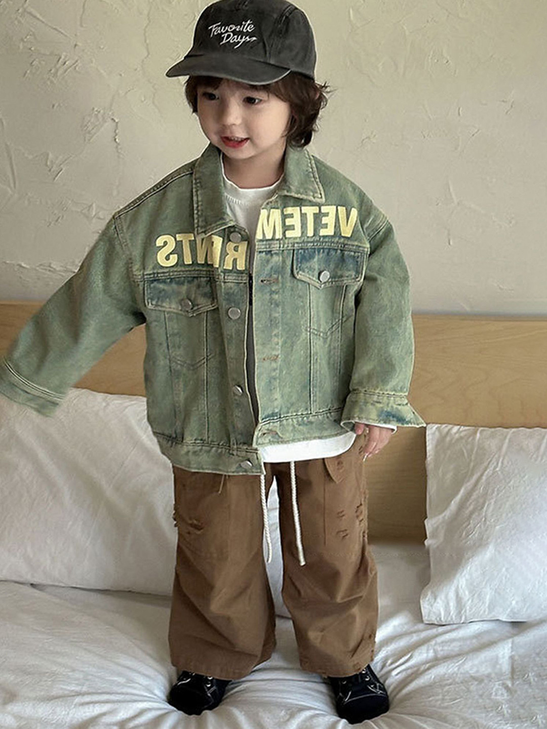 

LULU & SKY Boys Washed Cotton Longline Denim Jacket with Patchwork, Blue