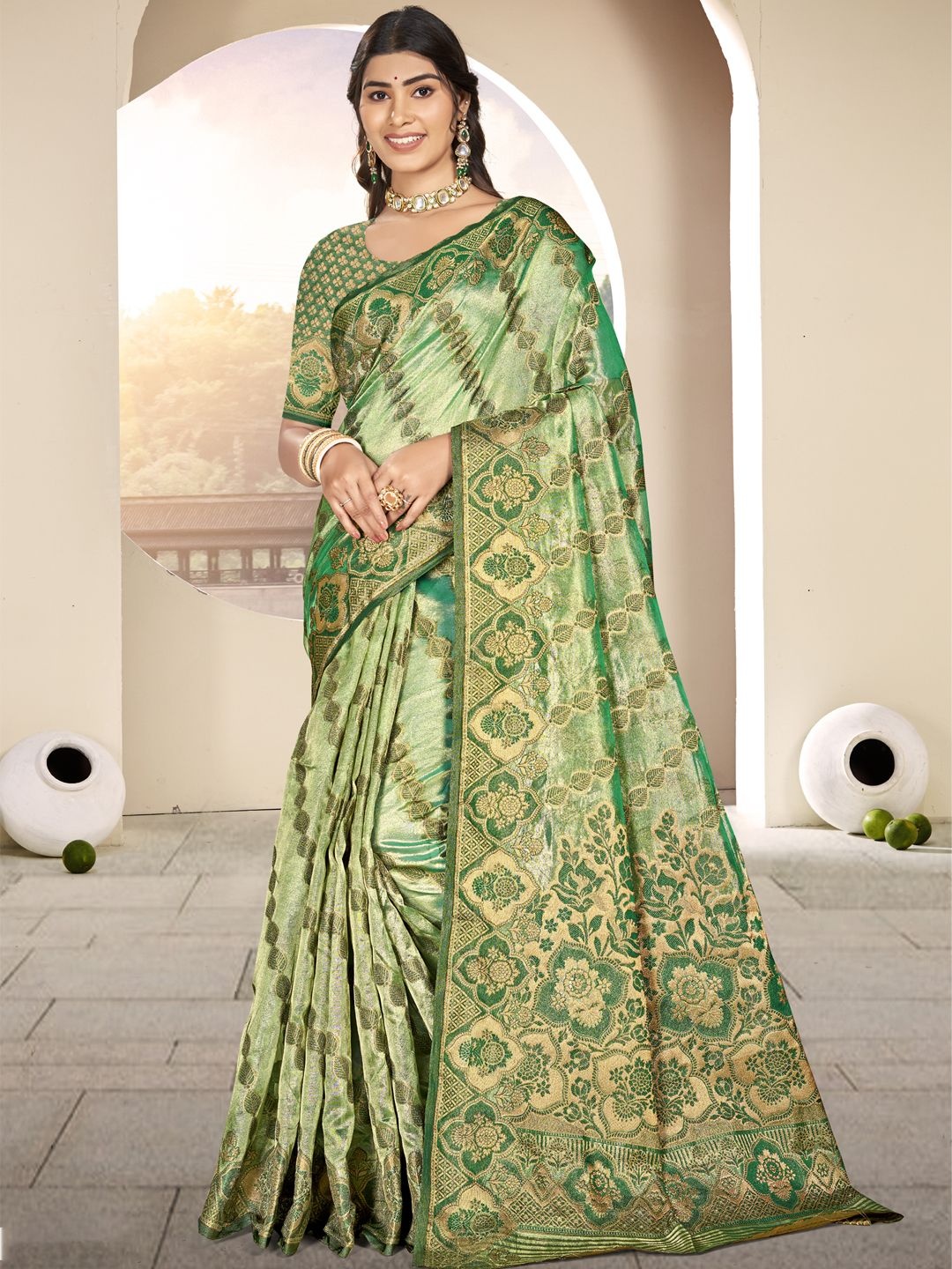 

SANGAM PRINTS Zari Organza Designer Tussar Saree, Green