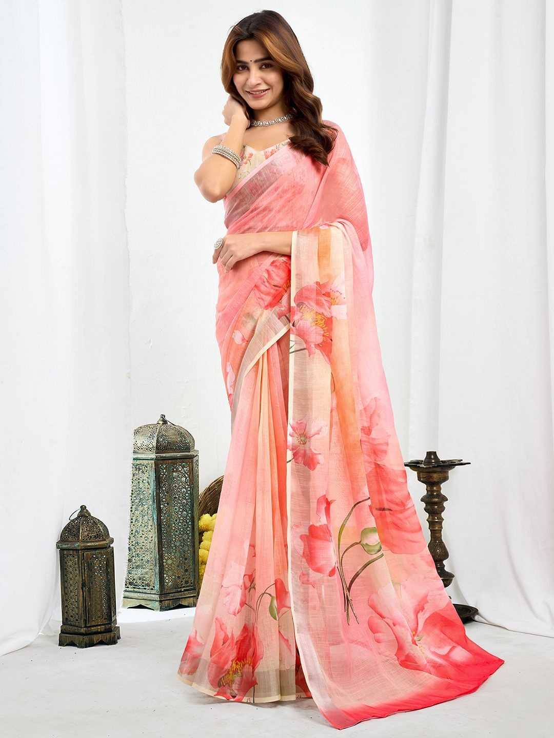 

all about you Floral Pure Linen Ready to Wear Saree, Pink