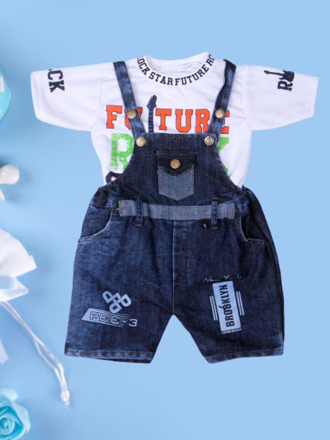 

BAESD Infants Short Dungaree With Printed T-Shirt, White