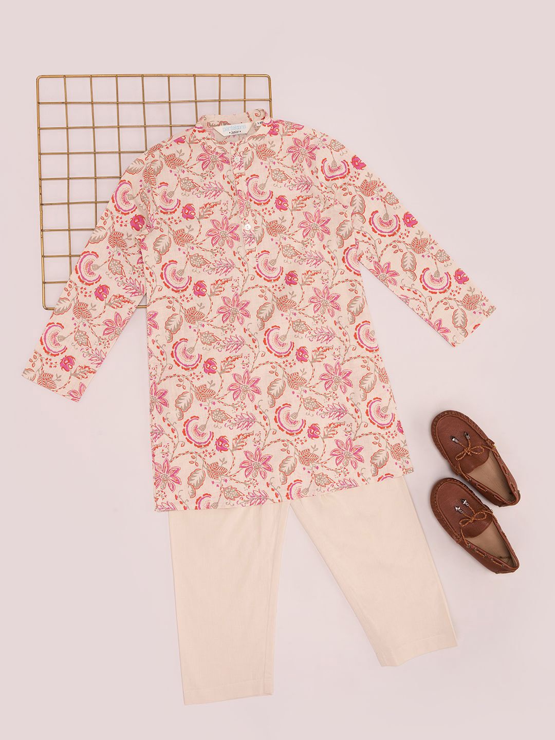 

indus route by Pantaloons Boys Floral Printed Regular Pure Cotton Kurta with Pyjamas, Peach