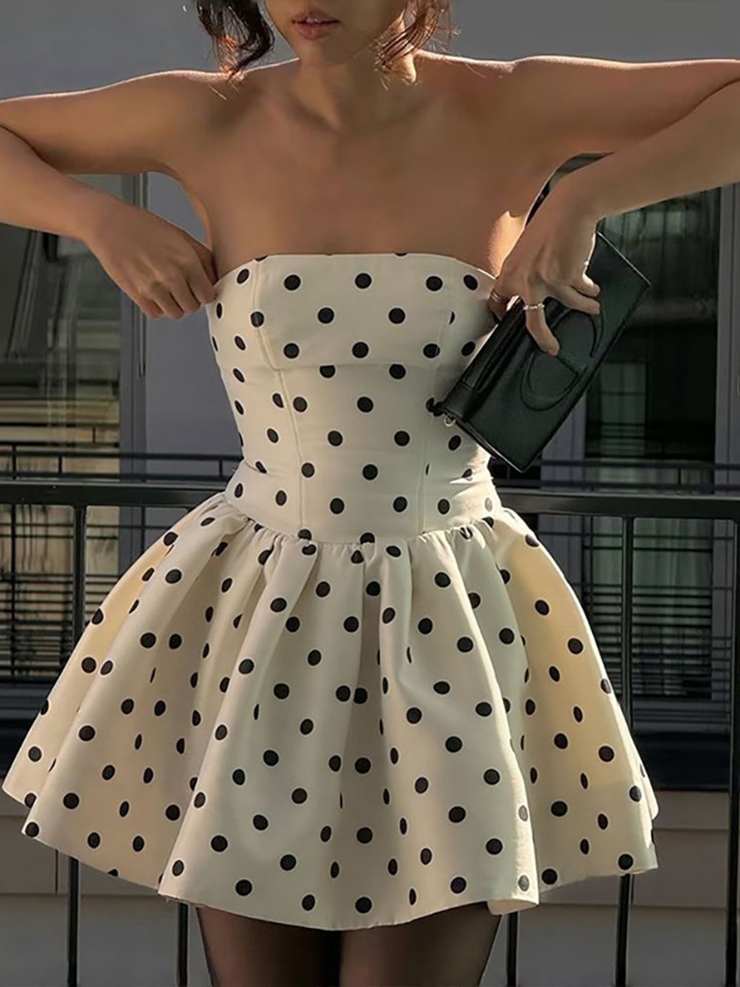 

StyleCast x Revolte Polka Dot Print Bodycon Mini Dress, Beige