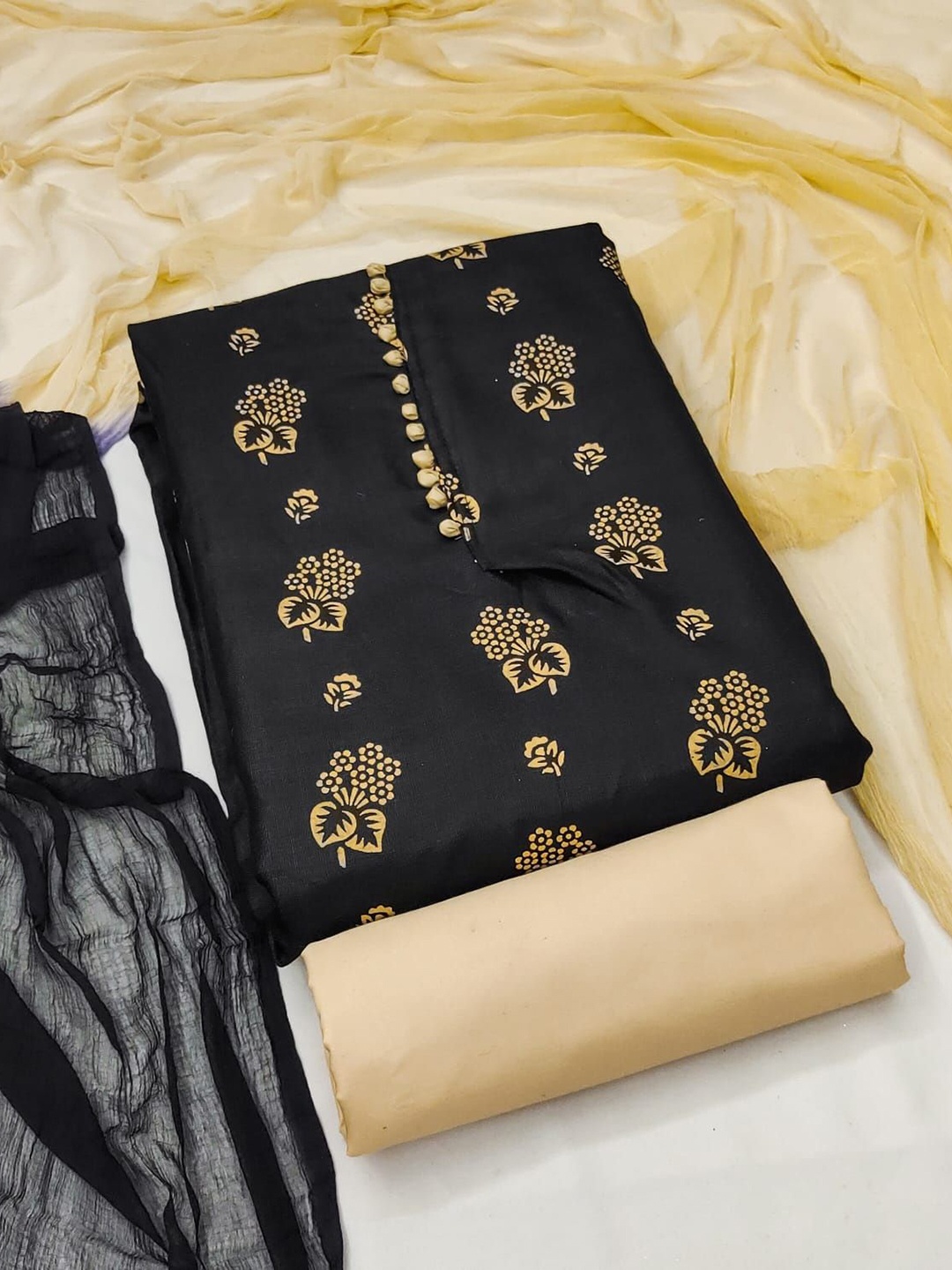 

SHADOW & SAINING Printed Unstitched Dress Material, Black