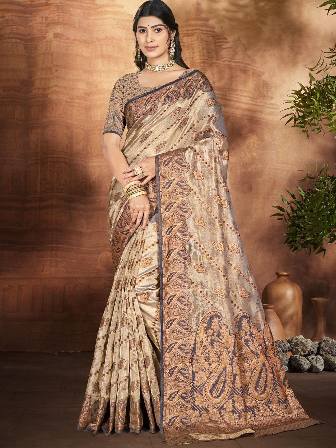 

SANGAM PRINTS Floral Zari Organza Tussar Saree, Brown