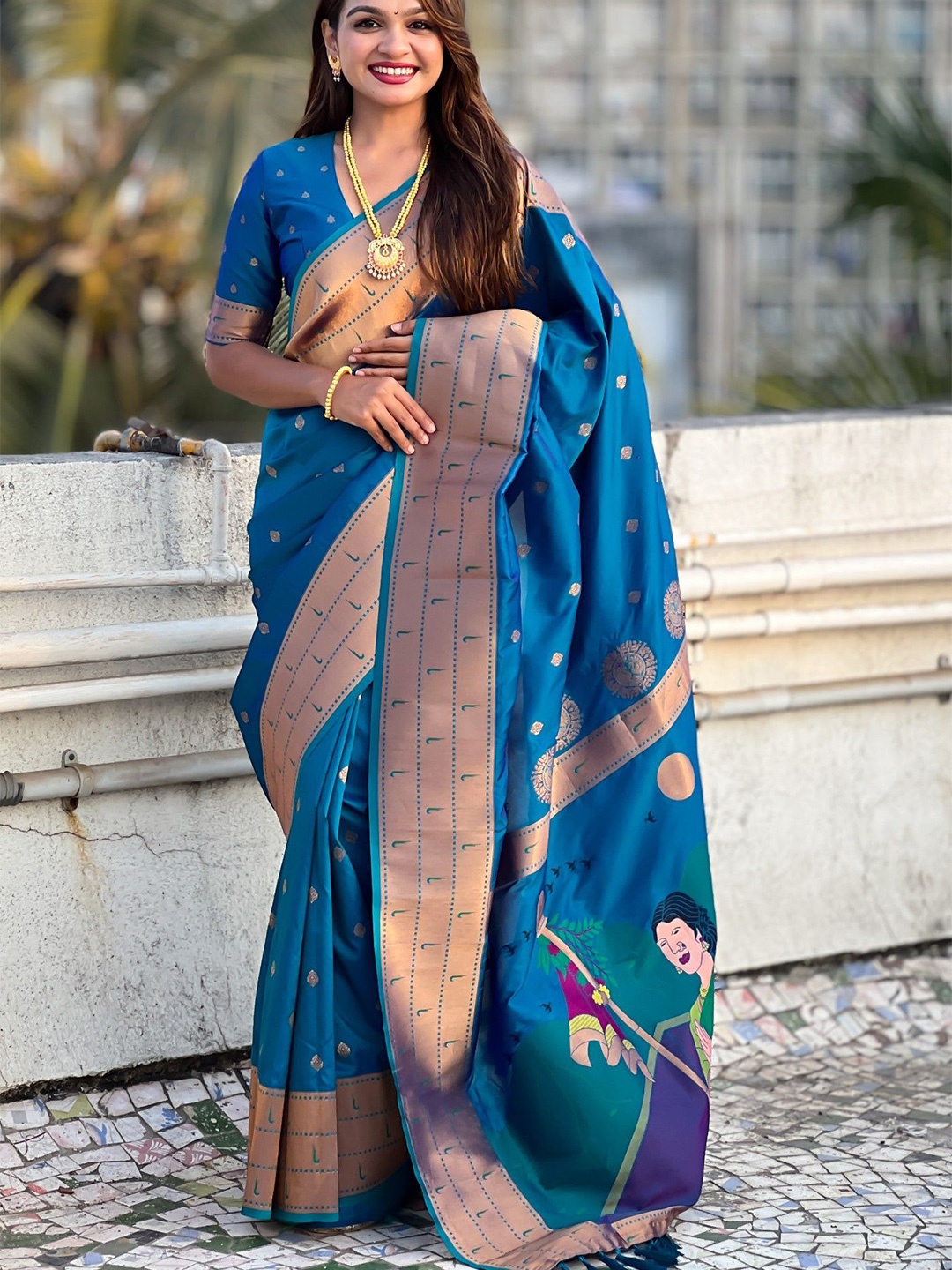 

MySilkLove Woven Design Zari Silk Blend Paithani Saree, Blue