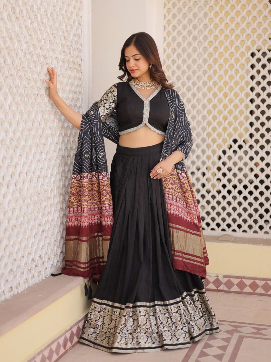 

ZIBLON Ready to Wear Lehenga & Unstitched Blouse With Dupatta, Black