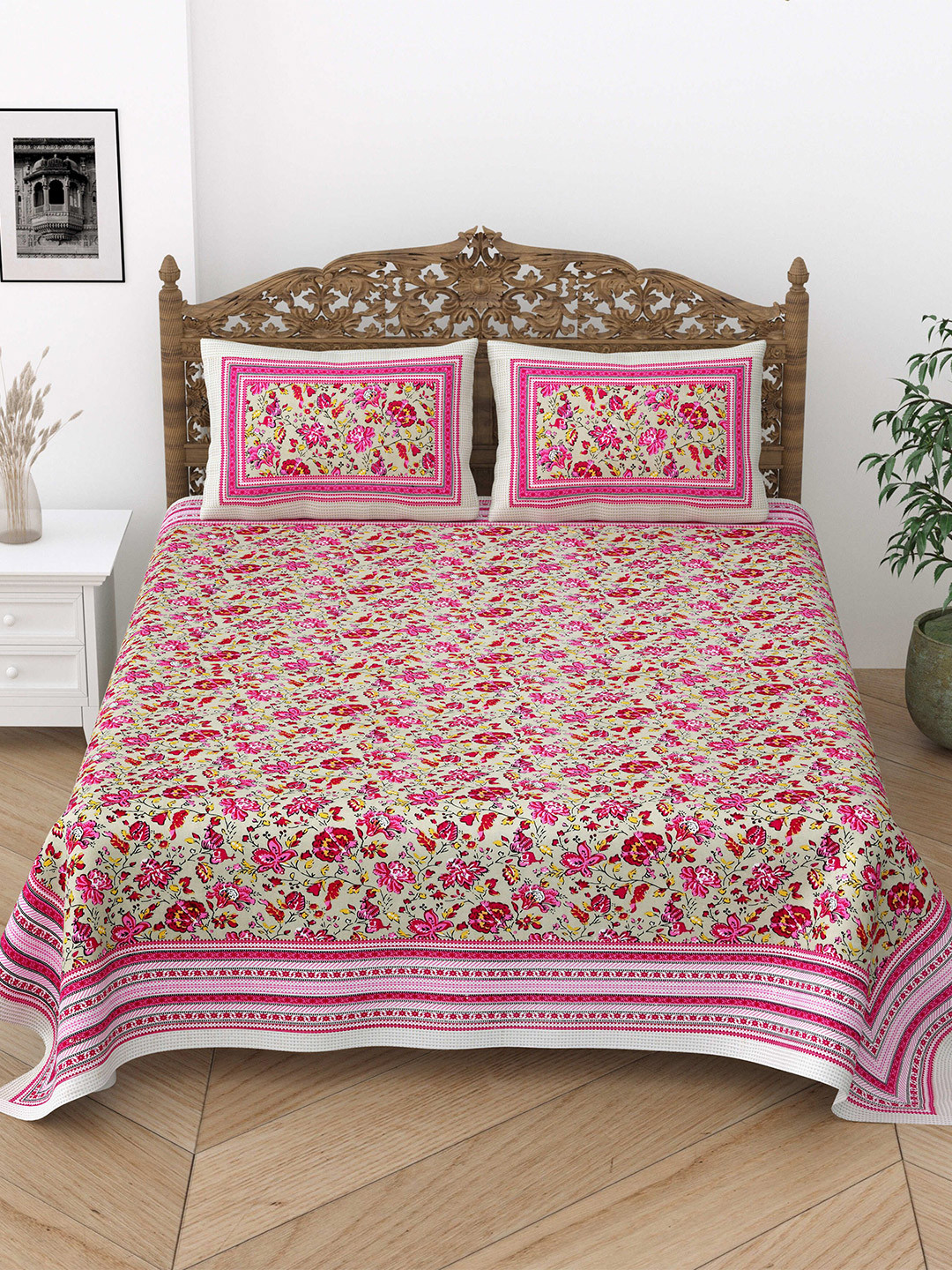 

Gulaab Jaipur Pink & Beige Floral 400 TC King Bedsheet with 2 Pillow Covers