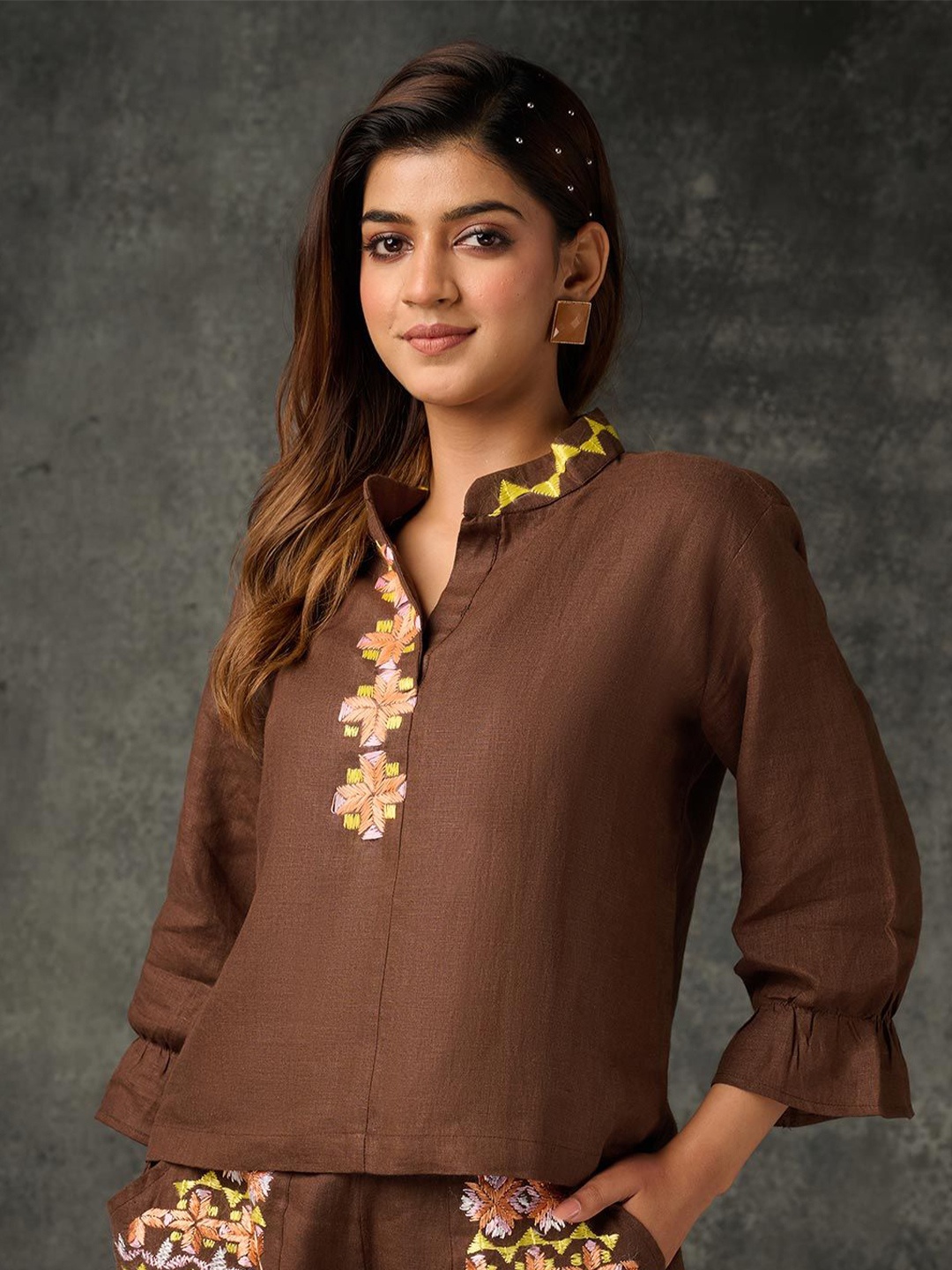 

Phulkari Forever Embellished Embroidered Mandarin Collar Linen Top, Brown
