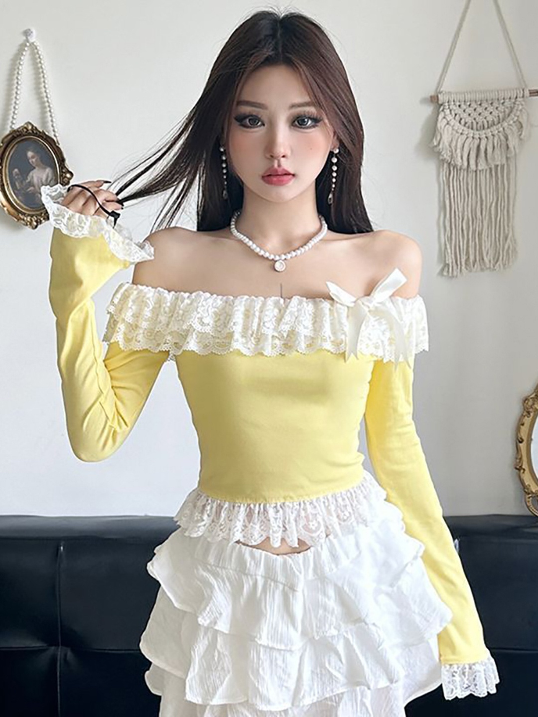 

StyleCast x Revolte Solid Off-Shoulder Lace Inserts Fitted Top, Yellow