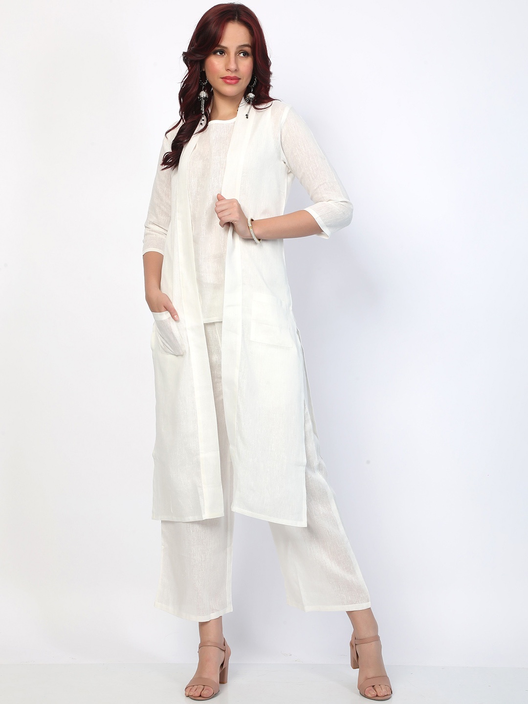 

BABRU Women Regular Linen Kurta with Trousers, White